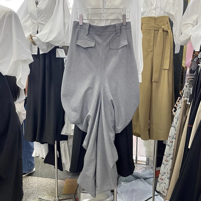 [EWQ] Elegant High Waist A-line All-match Clothing Minimalist Office Women's Fold Skirt Bottom Slit Design Skirts 2025 Autumn