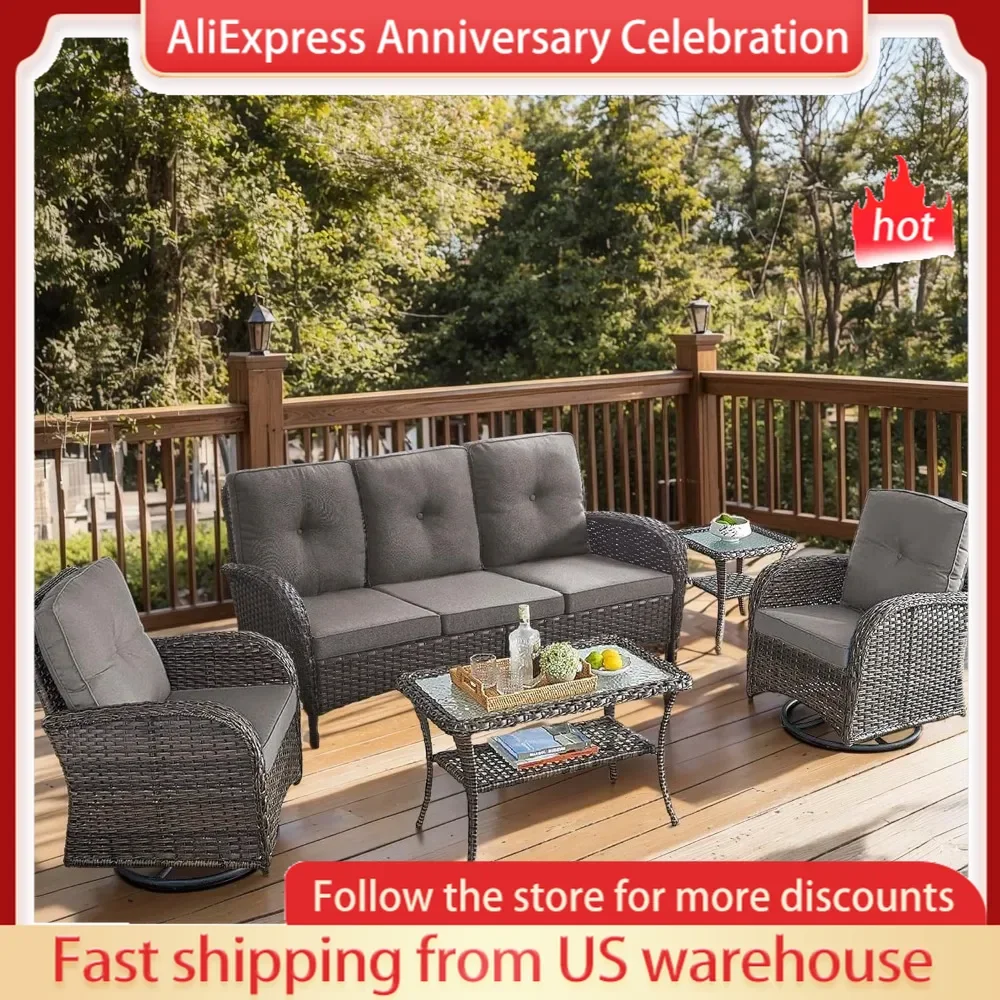 5 Piece Patio Furniture Set Wicker Patio Conversation Set with Swivel Glider,Tempered Glass Side Table and Coffee Table for Deck