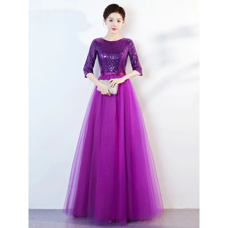 

Фиолетовый костюм для большого хора, хост для выступлений на соревнованиях Red Song, элегантное вечернее платье для леди