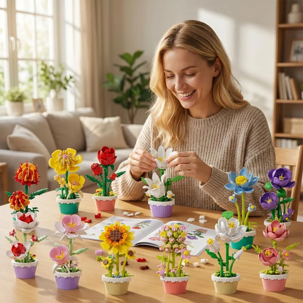 12-teiliges Baustein-Set Mini-Blumen-Spielzeug DIY Botanik-Kollektion Künstliche Blumen mit Töpfen Bastelset für Heim- und Bürodekoration – Detail 2
