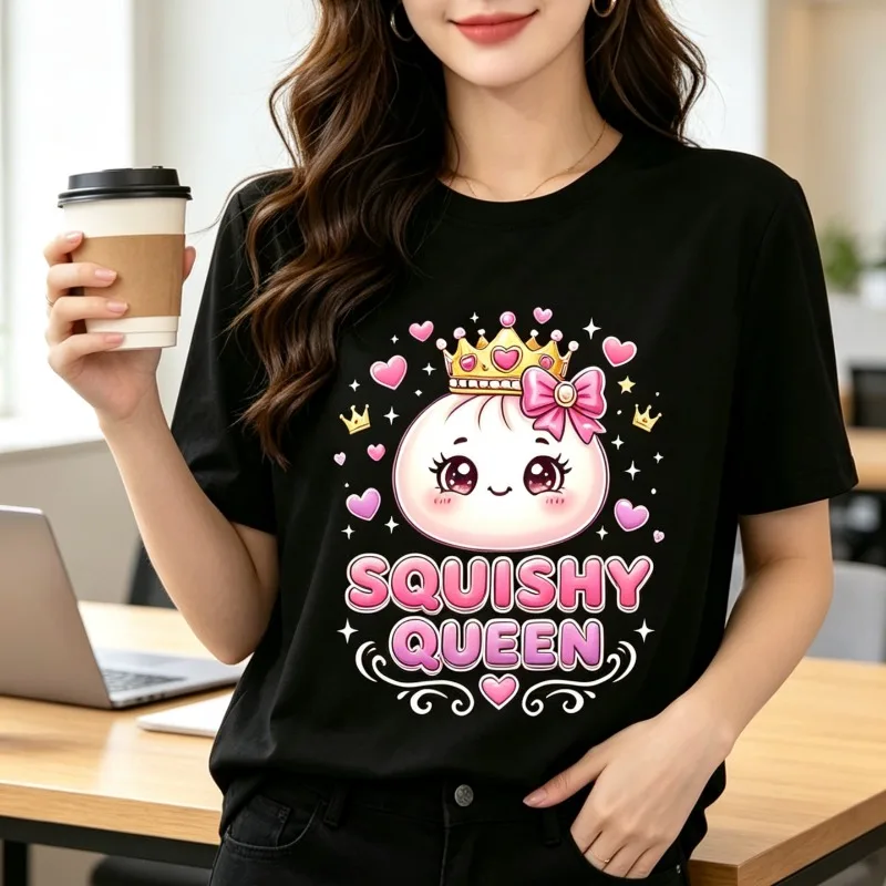 Women Squishy Queen Graphic T-Shirt Cute Cartoon Crown Heart Print Casual Loose Fit Tee Soft Modal Funny Daily Gift Top