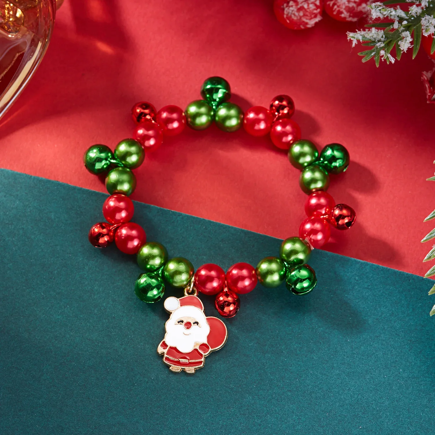 Christmas Red Green Beaded Bracelet Bells Santa Snowman Reindeer Snowflake Charm Bracelet for Women Holiday Party Xmas Gift