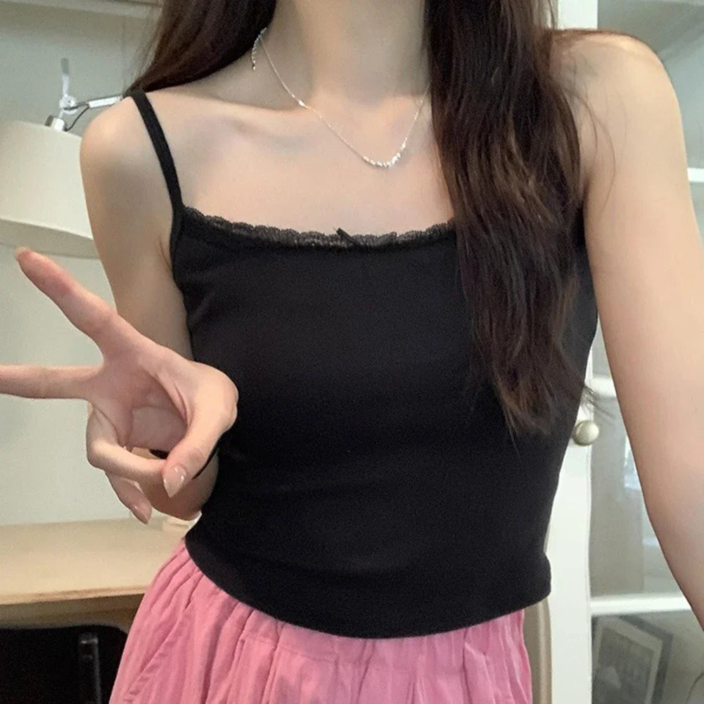 Women's Stretchy Sleeveless Lace Bow Camisole Vest Top In Solid Colors For Everyday Summer Outfits And Home Wear
