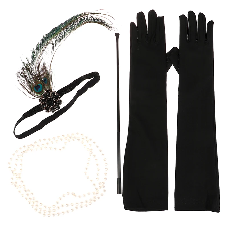 1920s Women Vintage Flapper Gatsby Costume Accessories Set 20s Headband Pearl Necklace Gloves Cigarette Holder Anime Earring Set