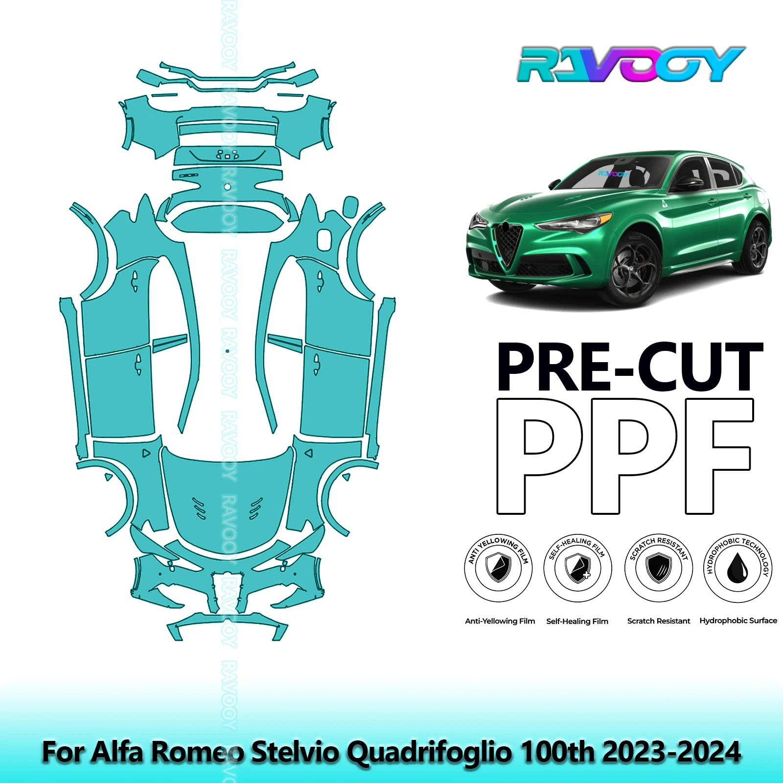 RAVOOY Custom-Fit Precut TPU PPF Full Vehicle Clear Bra Stone Guard EU UK For Alfa Romeo Stelvio Quadrifoglio 100th 2023-2024