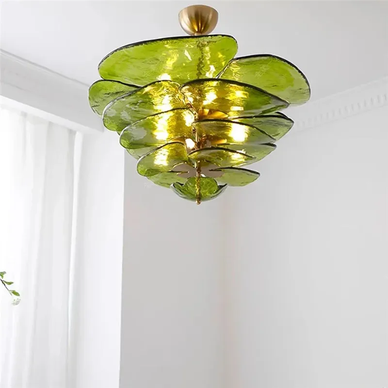 

French Retro green glass Leaves chandelier Nordic Murano pine cone colorful pendant lamp Luxury hall Living dining room G9 lamp
