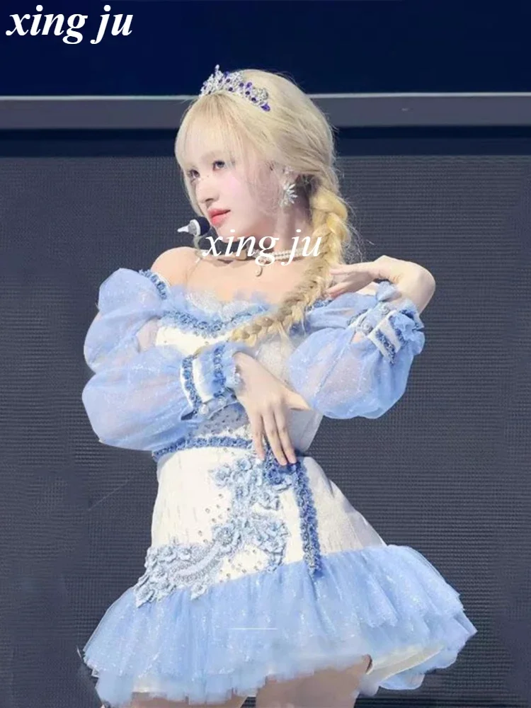 مهرجان المغني الكوري أنيقة خارج الكتف الدانتيل فستان بكم طويل أزياء رقص الجاز النساء Kpop Dj مرحلة الأداء الملابس
