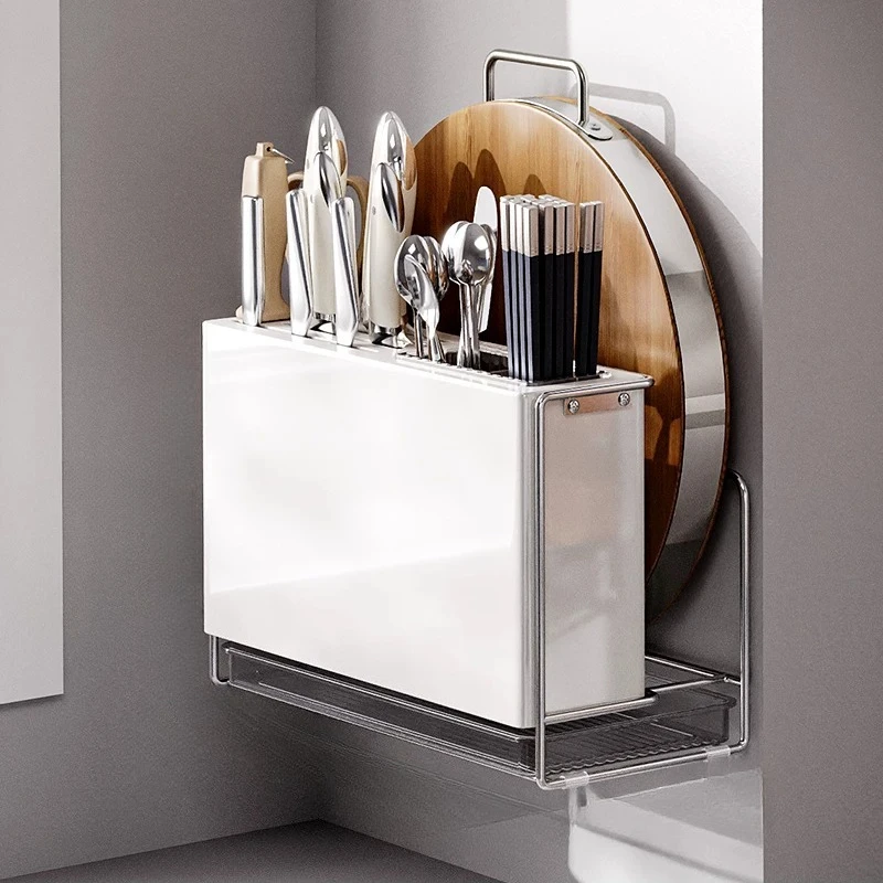 Knife Block with Drainage, Multi-Function Kitchen Organizer for Cutlery & Cutting Board, Countertop Utensil Drying Rack