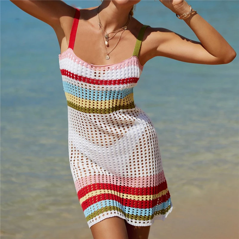 3 Color New Trend Beach Cover Ups for Swimwear Women White Stripped Sun Dress Strappy Sleeveless Beachwear Knit Bikini Coverup