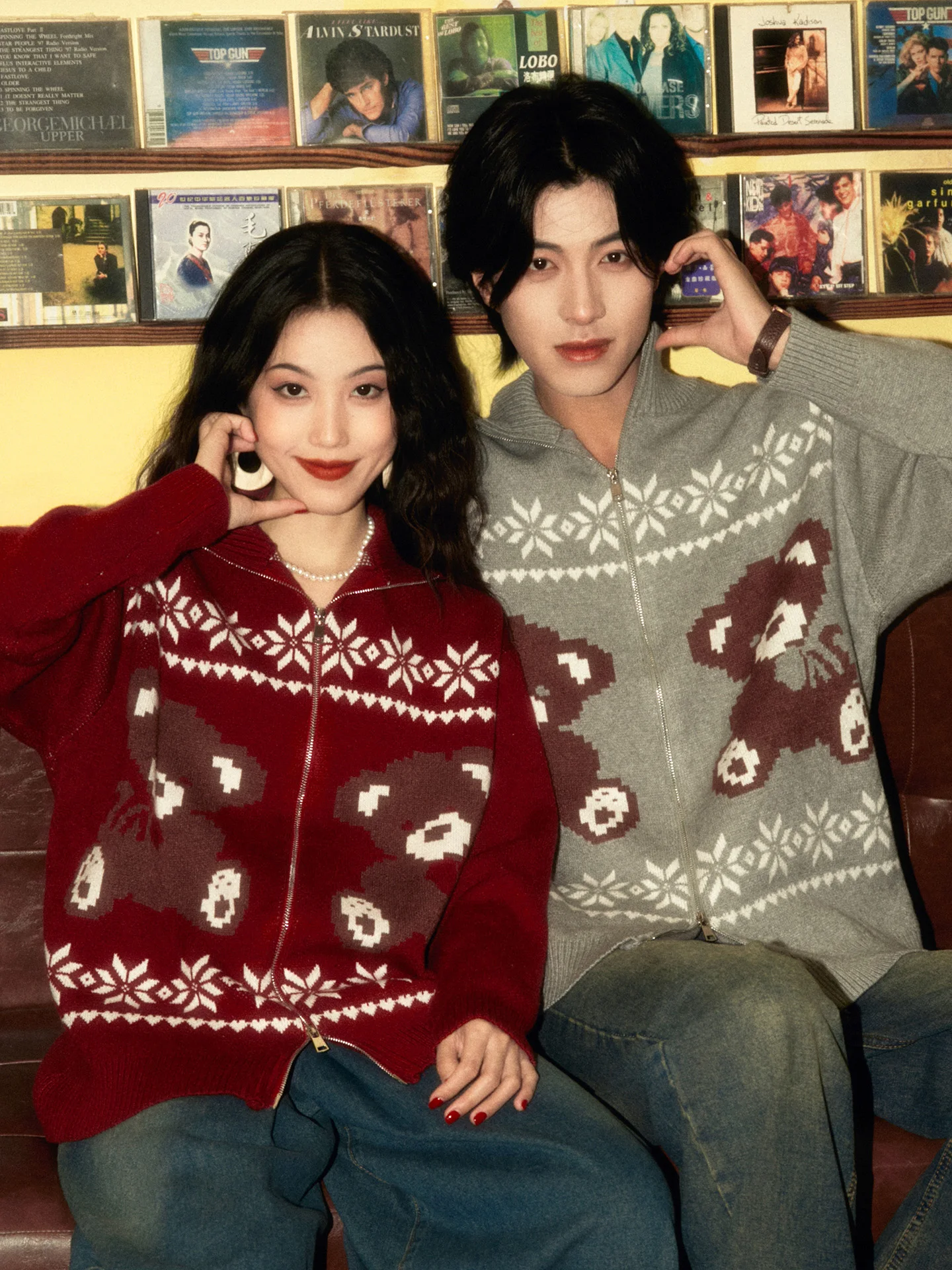 Autumn Winter New Men's Vintage Bear Embroidery Red Cardigan Sweater Coat Couple Gray Loose Casual Knitted Cardigan