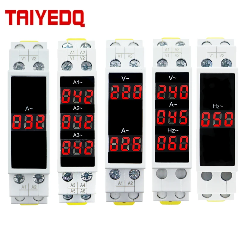 LED Mini Din Rail Digital Display Three-Phase Ammeter Single-Phase Voltag Current Herz Meter Volt Amp Herz 1-100A AC80-500