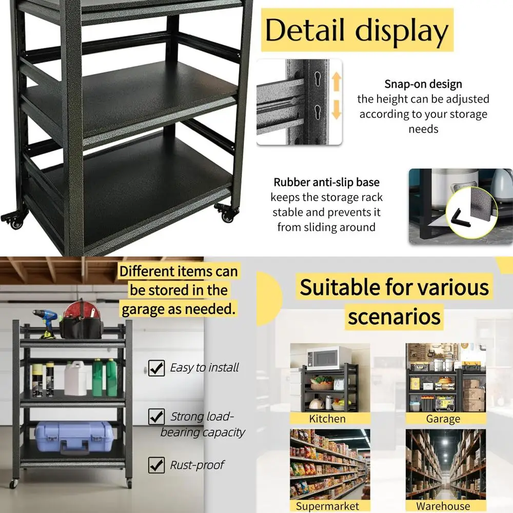 

Регулируемые трехъярусные сверхпрочные металлические стеллажи на колесах, блок для хранения в гараже/кухне (60x40x80 см)