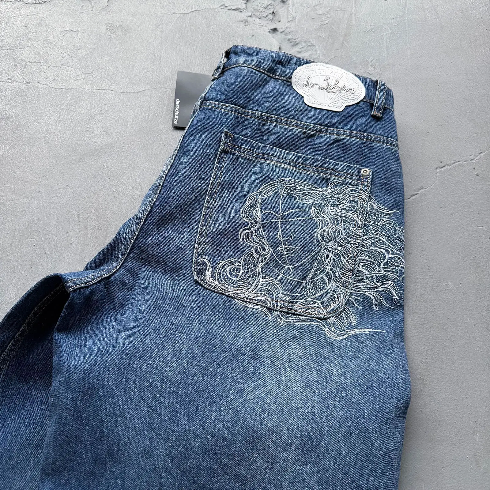 Derschutze High-Quality Heavy-Duty Embroidered Goddess Distressed Washed Straight-Leg Jeans Men's Streetwear Pants