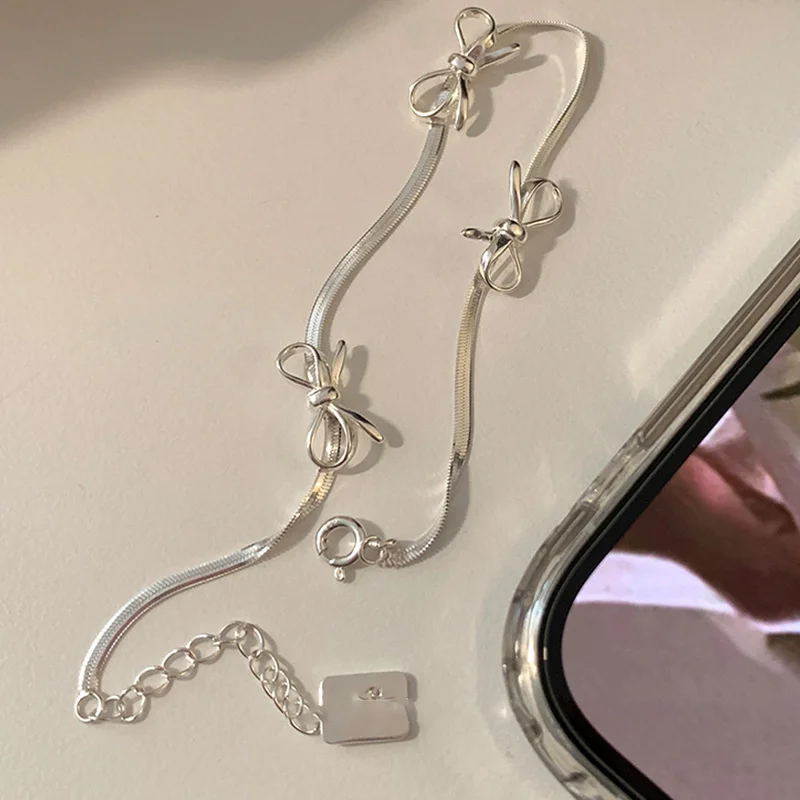 Fashion Silver Color Snake Bones Bow Bracelet for Women Girls Sweet Charm Bowknot Short Clavicle Chain Necklace Jewelry Set