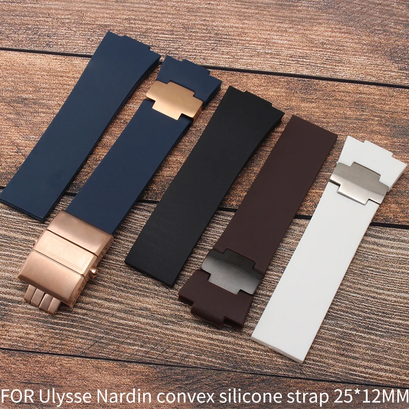 25x12MM convex silicone rubber strap for Ulysse Nardin MARINE 1183/1186/1283 blue black  diving rubber watch strap accessories