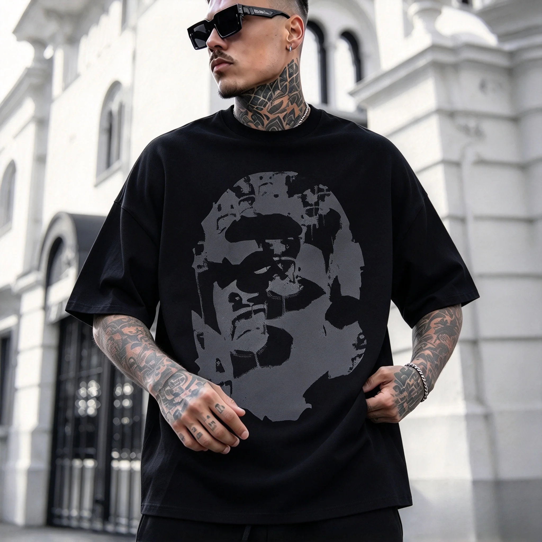 2026 Men Vintage Distressed Abstract Portrait Graphic Brand Coton T Shirt Unisex Crew Neck Short Sleeve Streetwear Black Tee