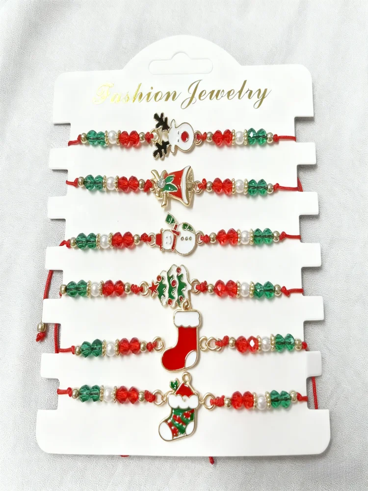 Novo 2026 um conjunto de pulseira de charme de natal de 6 peças, feito à mão para mulheres, usando cristal artificial, pedra de aniversário de junho, estilo anime