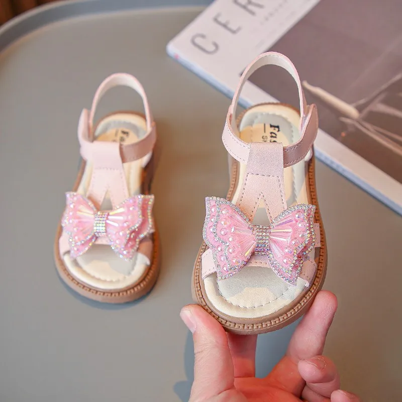 Toddler Girls Sweet T-strap Bowknot Sandals Beach Shoes Kids Princess Sandals 6-15 Years Flats Summer Baby Sandals for Girls