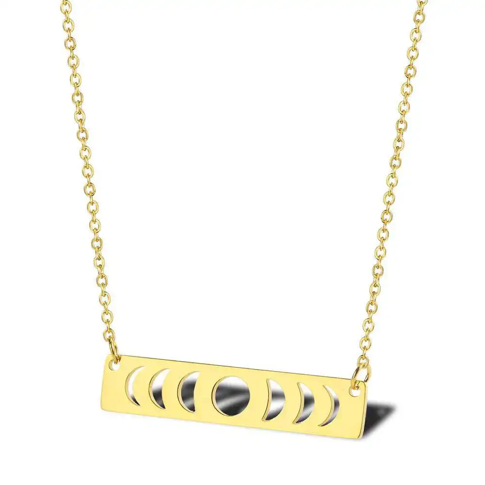 Stainless Steel Women Delicate Gold Plated Phase of The Moon Pendant Necklace Bar Jewelry Gift