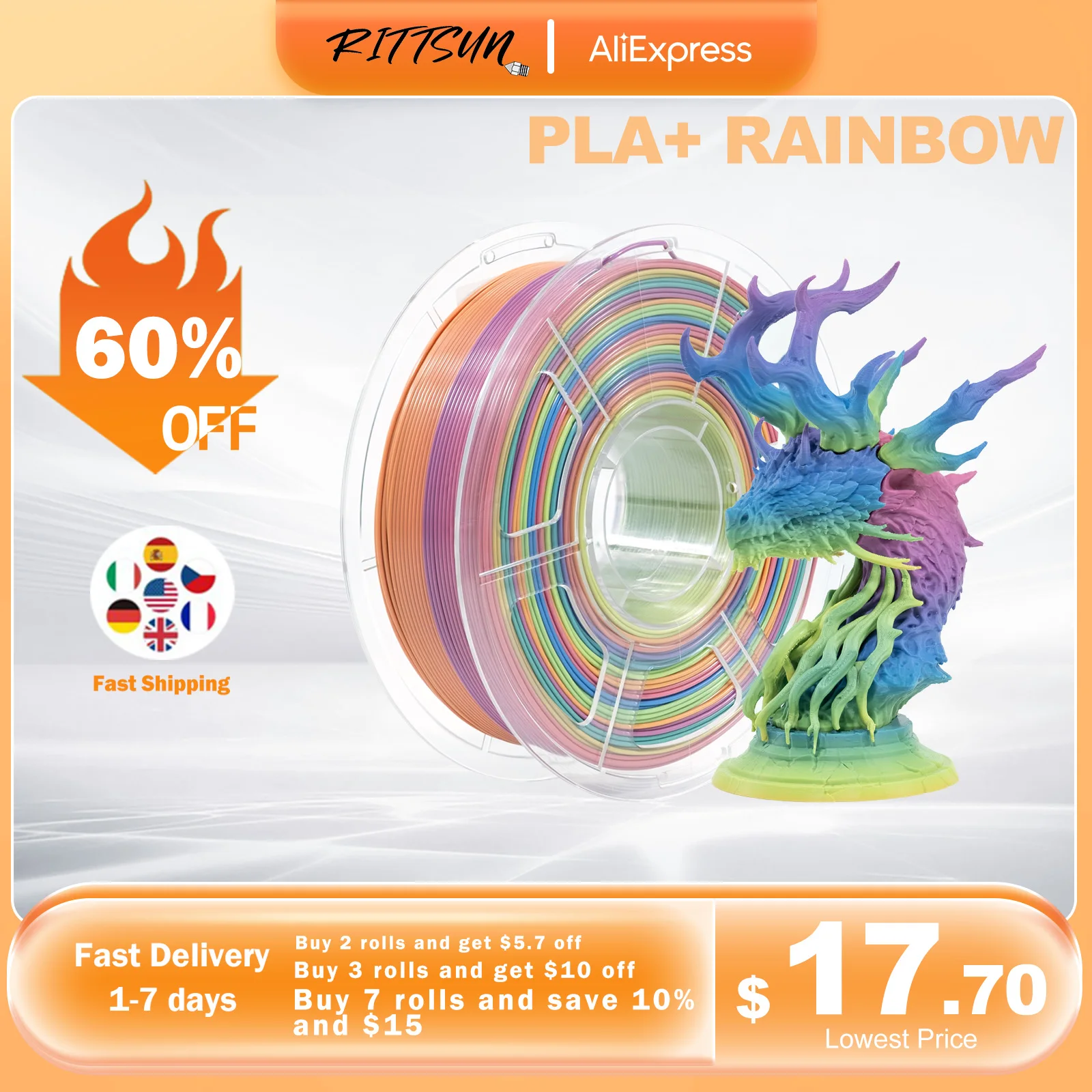 RITTSUN PLA+ Rainbow New Arrival 3D Printer Filament 1KG 1.75mm ±0.03 Diameter High Quality FDM Printing Filament Fast Shipping