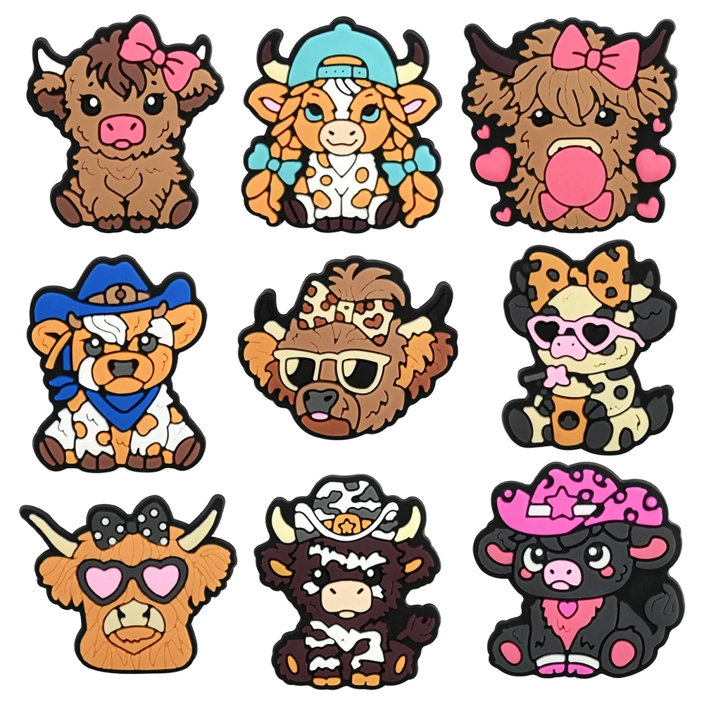 9-17PCS cowboy Highland Cattle Shoe Charm Mix Wholesale for clog bracelet bag PVC Decor Buckle Detachable DIY Waterproof To Gift