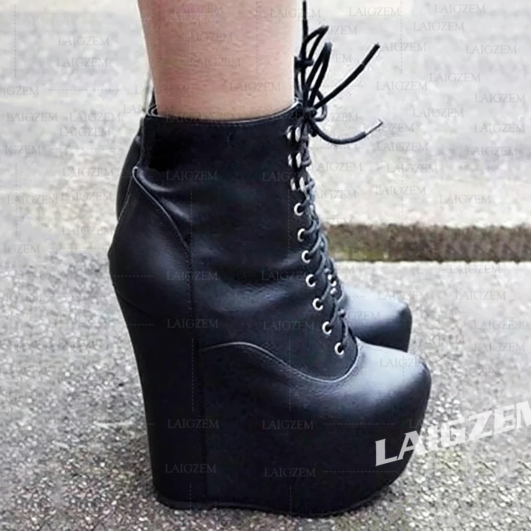 

LAIGZEM Women Ankle Boots Platform 17CM High Heels Lace Up Faux Leather Short Boots Club Ladies Shoes Woman Big Size 39 41 47