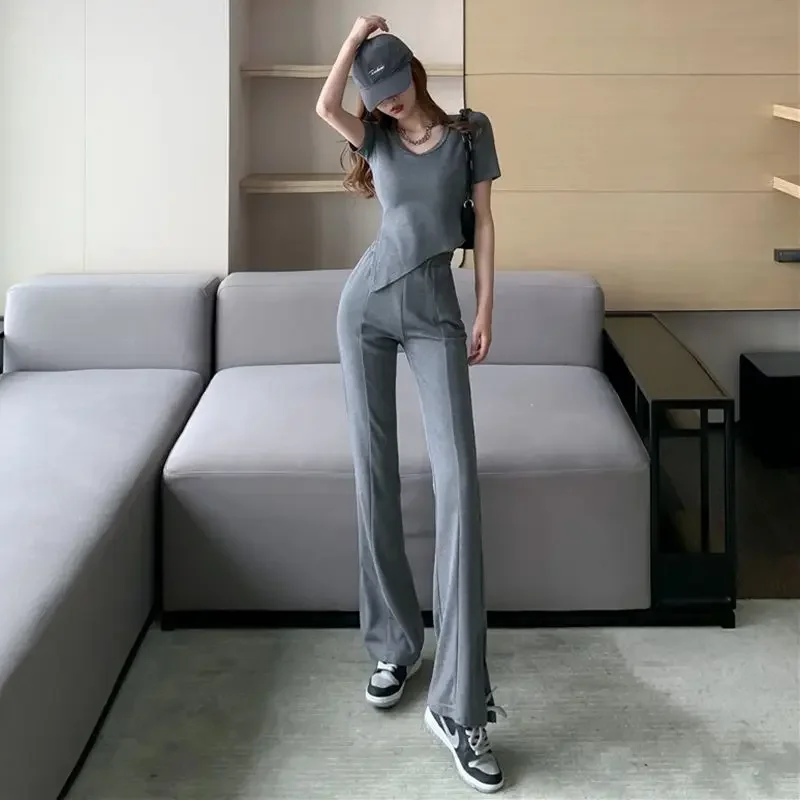 

T-shirt Women's Pants Two Piece Set Luxury Clothes with Sleeve Full New Matching Chic and Elegant Korea Stylish Ladies Trouser