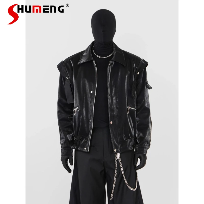 

Metal Glossy Short Style Shoulder Padded Jackets Men's 2025 Spring Autumn New High-end Tops Male Long Sleeve Handsome Chic Coats