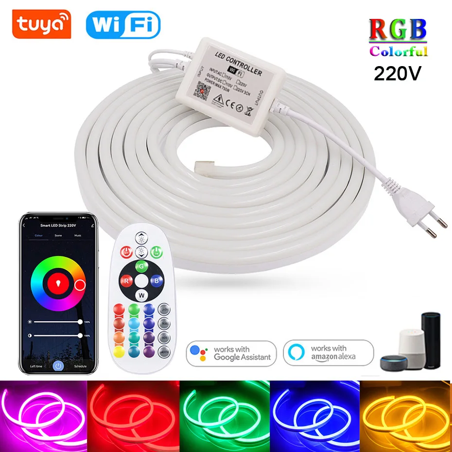 RGB Smart LED Neon Strip 220V Waterproof Tape Ribbon Light 1m-30m IR/Bluetooth/Tuya Wifi Control With EU Plug Compatible Alexa