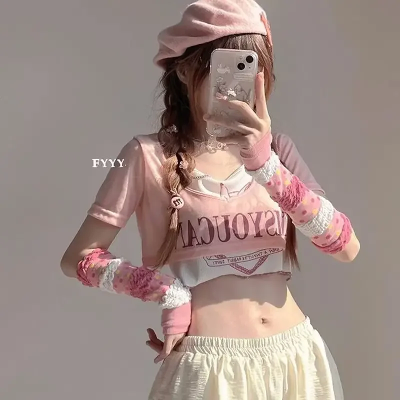 Cute Lolita Pink Long Gloves Kawaii Girls Fluffy Bubble Design Color Dots Sleeves Women Sunscreen Oversleeves Y2k Arm Warmers