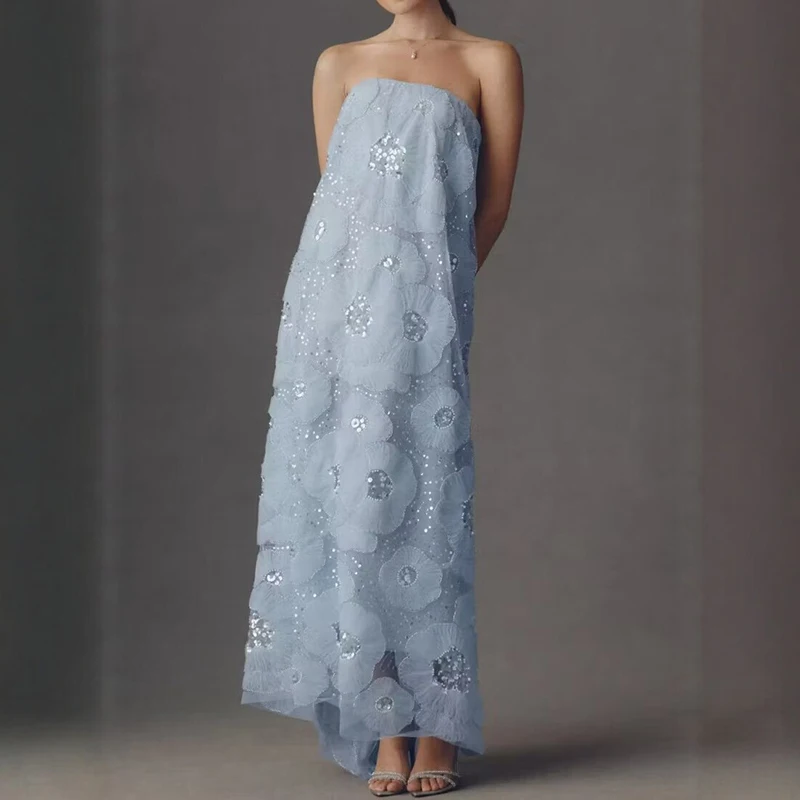 Elegant Flower Beading Sequined Banquet Dress Women Sexy Strapless Hight Waist Loose Long Dress Fashion Luxury Solid Party Gowns
