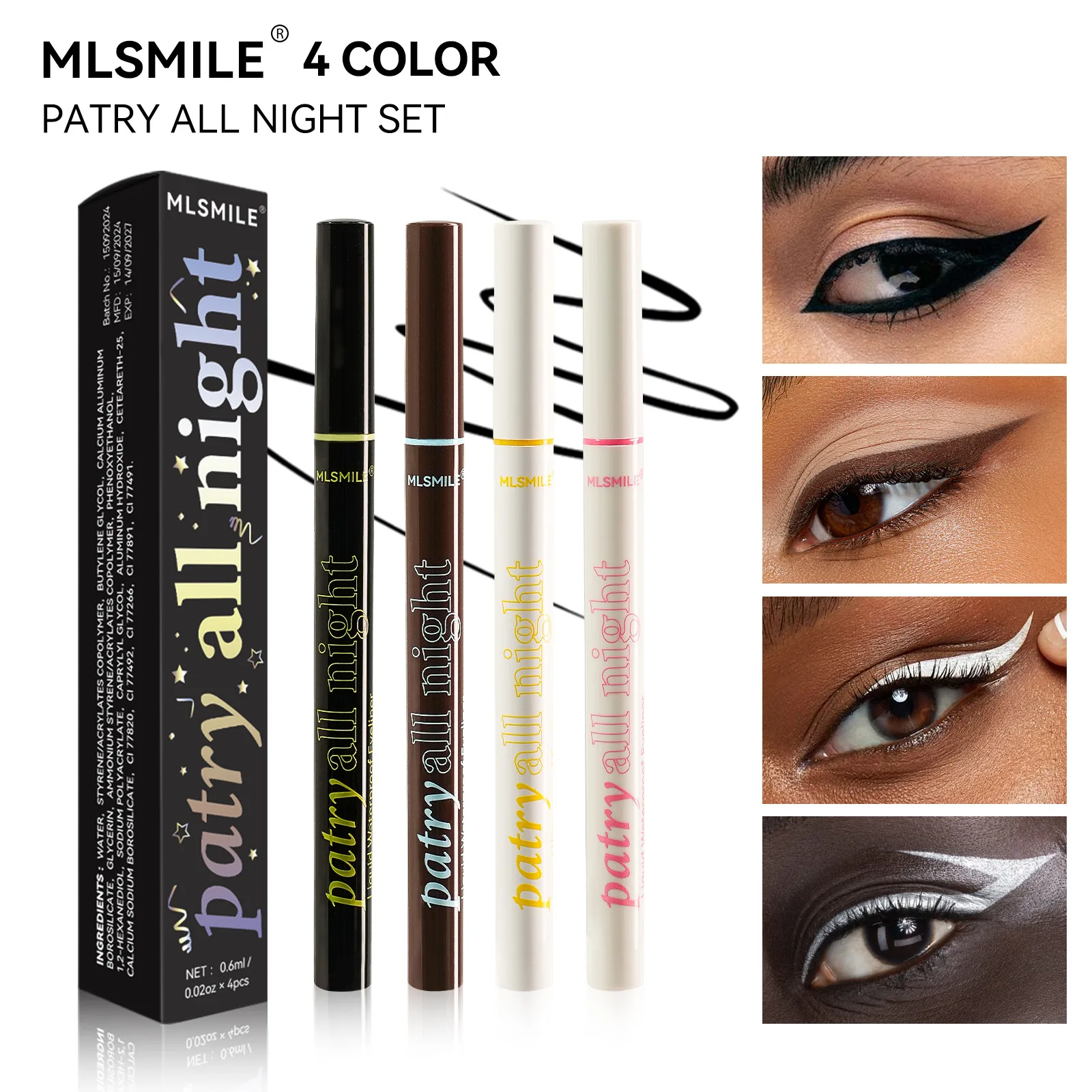 Longwear Liquid Eyeliner Kit 4 Pcs Set Natural Look Ultra Thin Tip White Black Deep Brown Metallic Silver Beginner Friendly