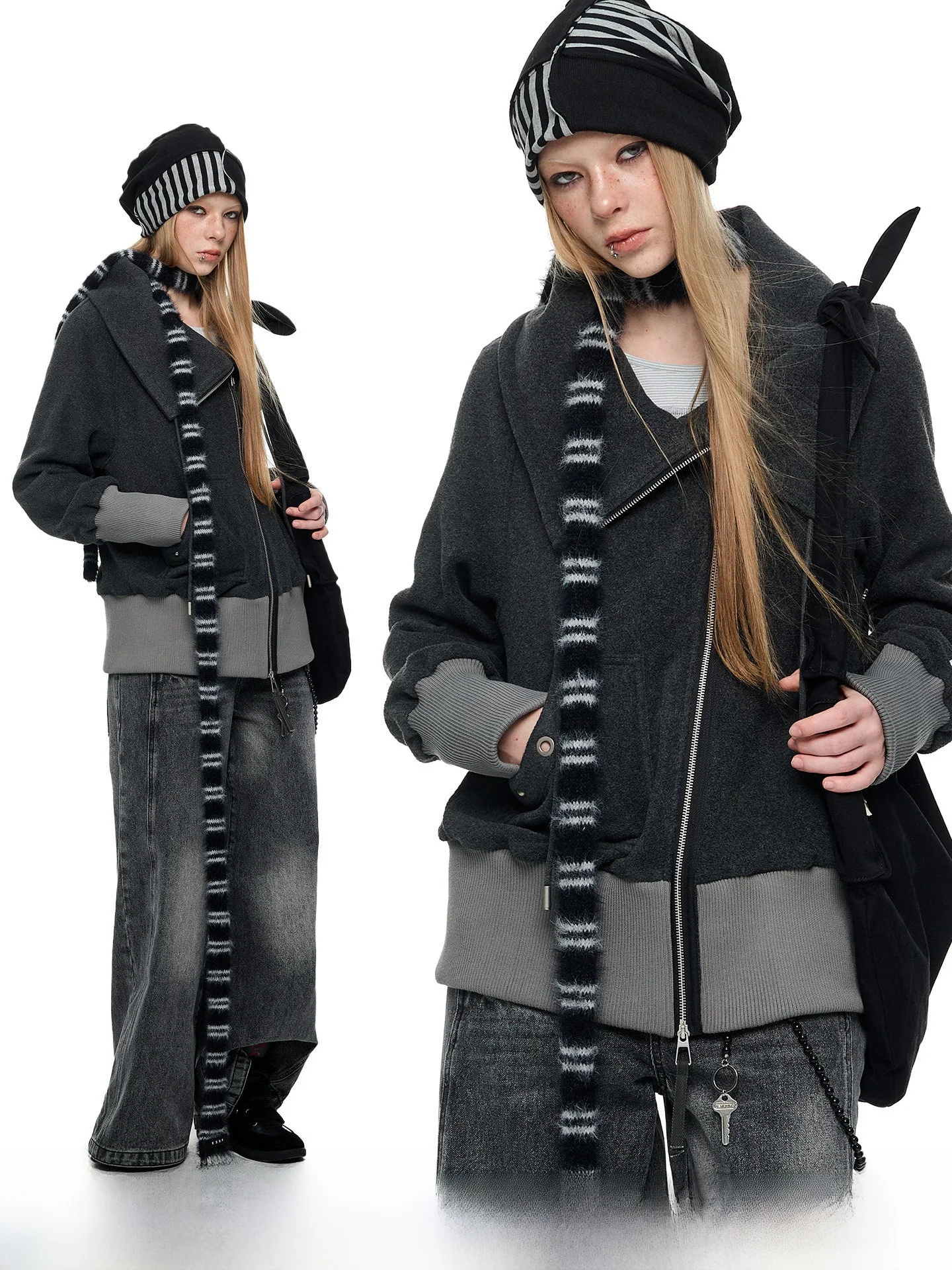 

JIKOO Retro Patchwork Double-sided Fce Sweatirt Jaet with Rivet Large Collar Zipper Casual Loose Sle Women's Coat