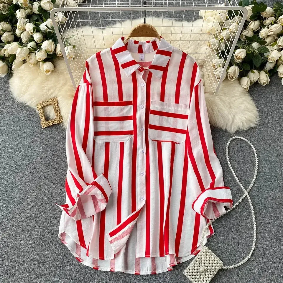

Shirts Loose Turn Down Collar Spring Casual Button Streetwear Striped Blouses Women Midi Shirt Single Breasted Cardigan