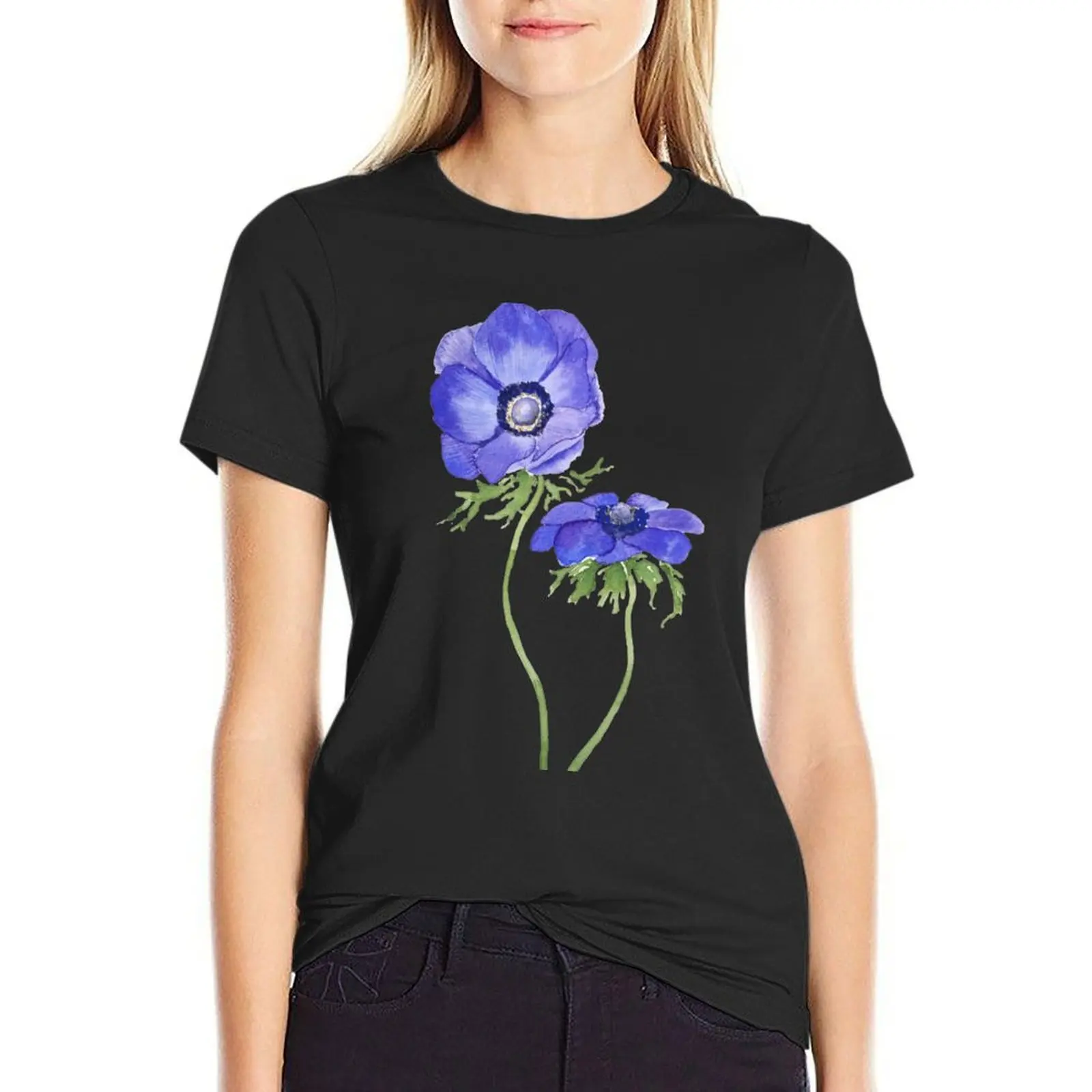 blue purple anemone flowers watercolor T-Shirt aesthetic clothes summer top vintage Female clothing tshirts for Women