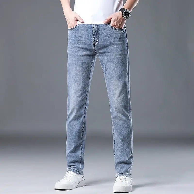 Branded Clothes Cheap Spring Light Blue Jeans Men's Slim Straight Pants Trendy Brand Versatile Korean Elastic Casual Trousers