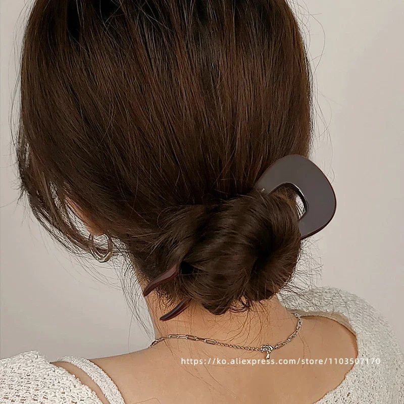 Korean FRANCE Gold Label Retro U-shaped Large Wave Hairpin with Flower Bud Hair Insertion French Chocolate Color