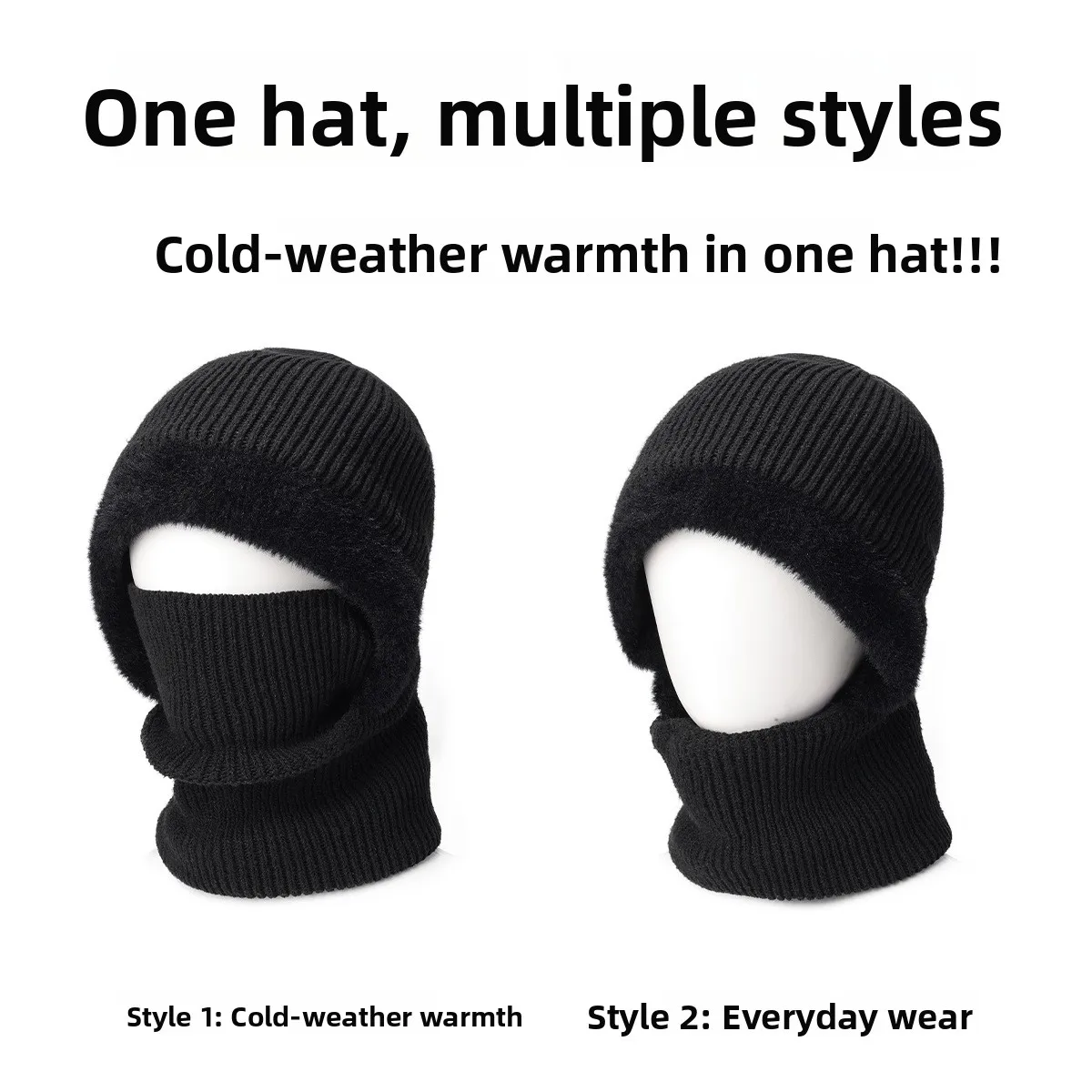 Thickened Knitted Winter Hat Scarf Integrated Cotton Cap Windproof Warm Headset for Cycling Unisex Non-Folding Knitwear