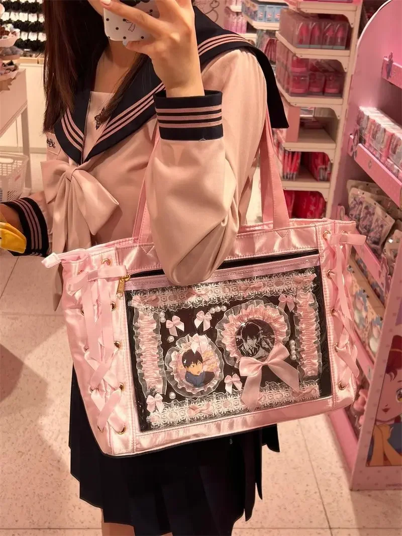 HISUELY Sweet Lolita Pink Ita Bag Women Japanese Transparent Large Capacity Tote Bag Ladies Harajuku Kawaii Handbag Aesthetic