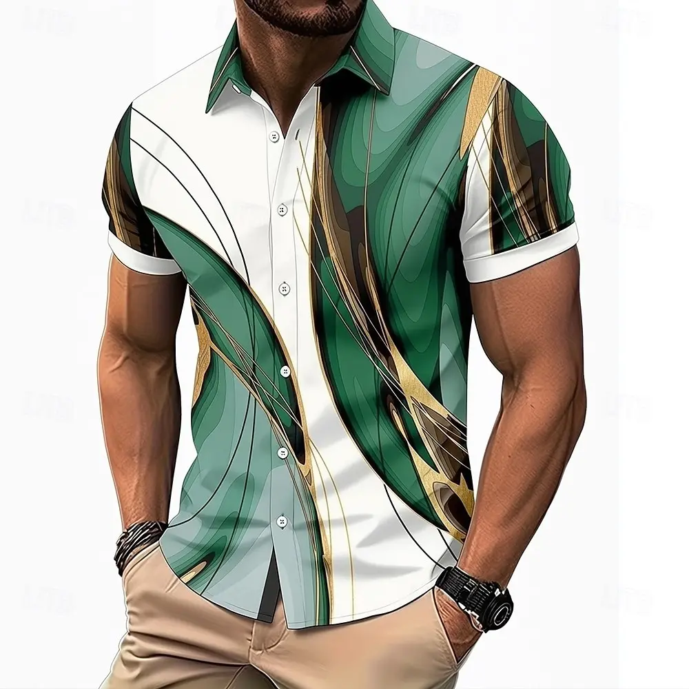 

Men's Gradient Lines Waves Abstract Shirt Button Up Short Sleeve 3D Print Turndown Shirt Blue Purple Brown Green
