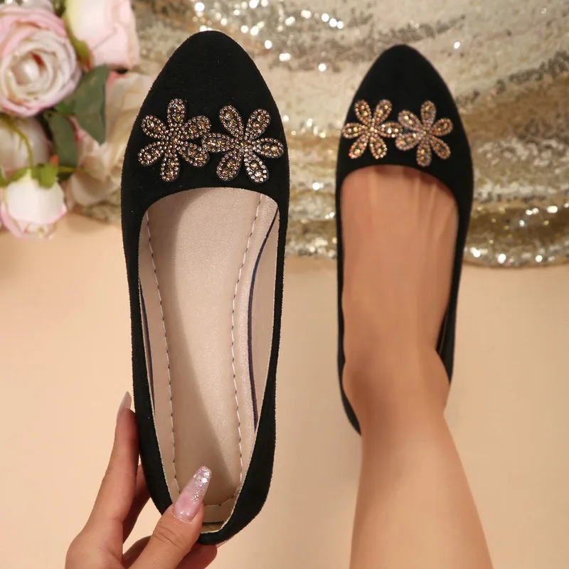 

Новинка весны и осени 202, туфли на плоской подошве с острым носком и стразами и цветами, удобная женская обувь на мягкой подошве