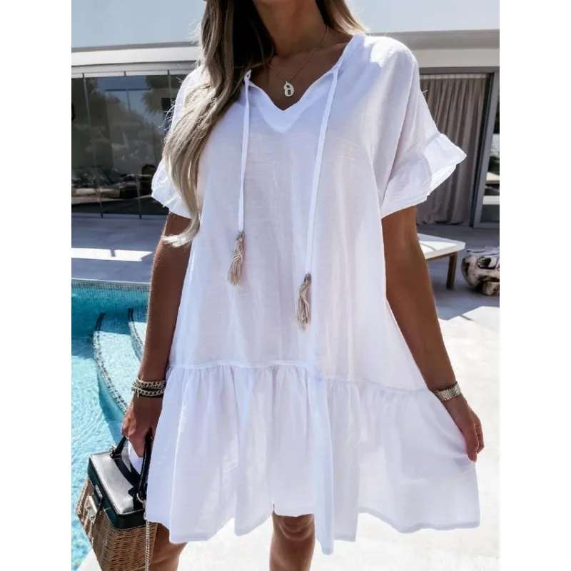 Vestido plissado de manga curta feminino, decote em v, moda verão, novo