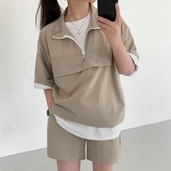 Summer Women 2 Pieces Sets Turtleneck Short Sleeve T-shirts+Shorts Suit Korean Style Clothes Solid Color Ladies Casual Tracksuit