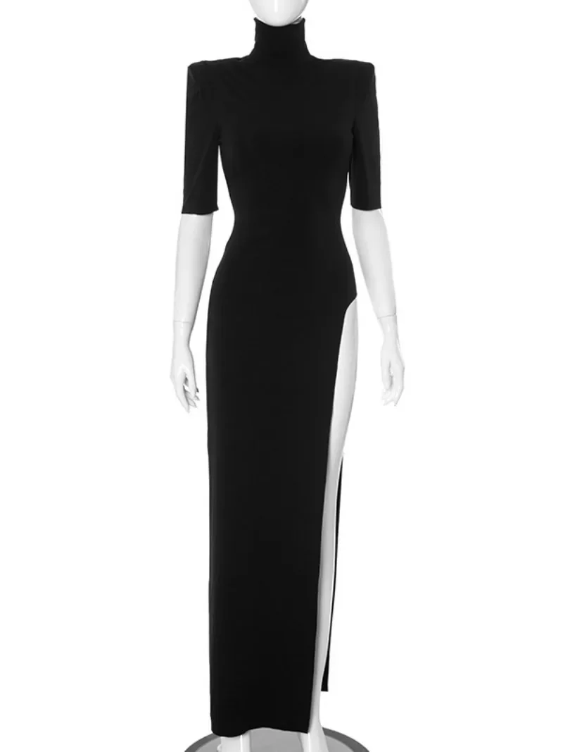 Elegant Turtleneck Half Sleeve High Waist Long Party Dress Women's Shoulder Pads High Slit Bodycon Solid Black Evening Dresses