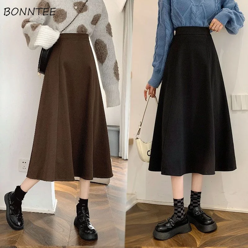 Midi Skirts Women Long High Waist All-Match A-Line Elegant Office Lady Leisure Autumn Winter Simple Basic Fashion New Ins Faldas