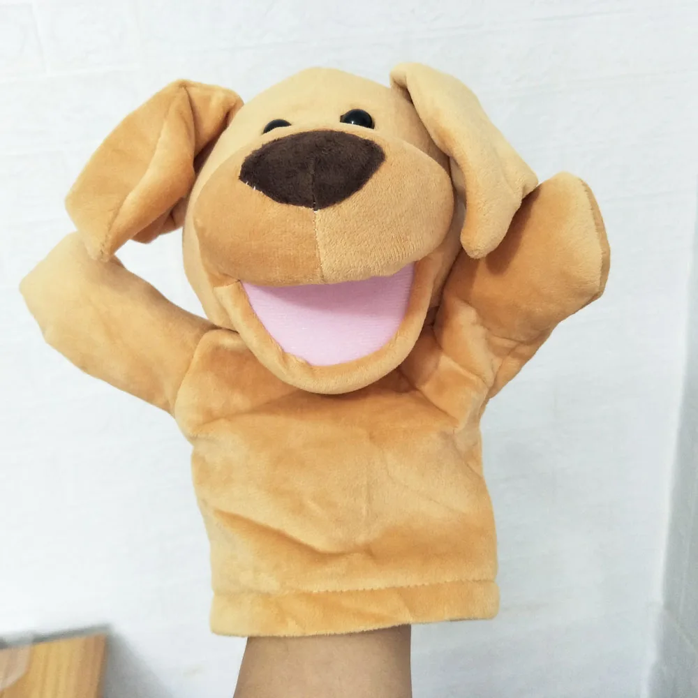 Open mond gele glimlach hond handpop knuffel gevuld cadeau voor kinderen verlichting onderwijs