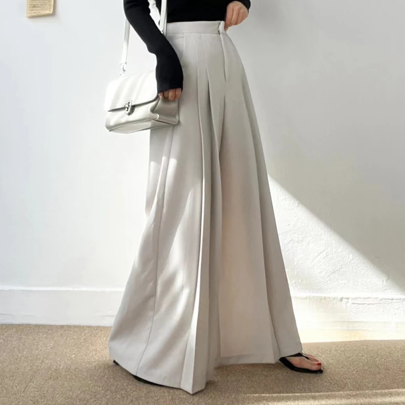 QOERLIN French Elegant Pleated Women Office Suit Pants High Wiast Wide Leg Loose Casual Trendy Trouers Solid Black Pants 2024