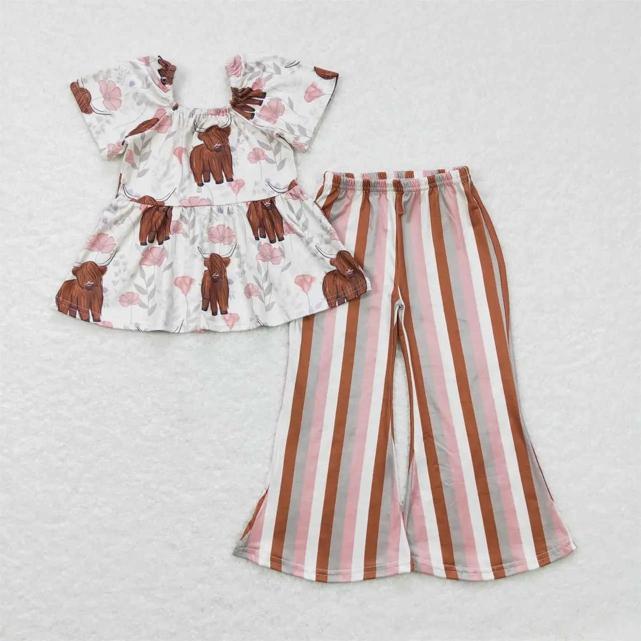

Wholesale Baby Girl Floral Short Sleeves Tops Stripes Pants Toddler Infant Western Set Children Kids Short Sleeves Cow Outfit