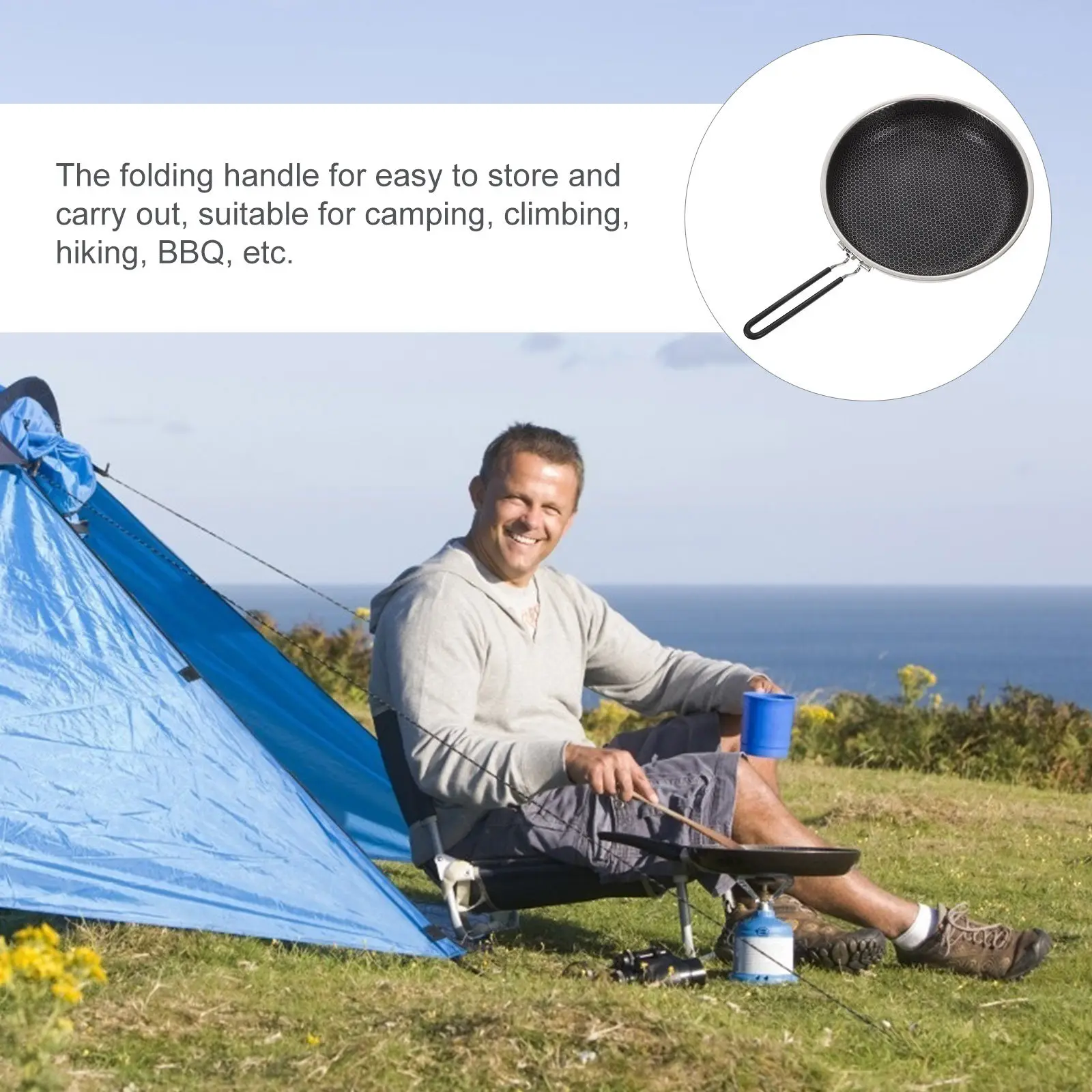 

1Pcs Honeycomb Frying Pan Stainless Steel Non-Stick Cookware with Folding Handle for Camping Bbq Hiking Portable Grill Skillet