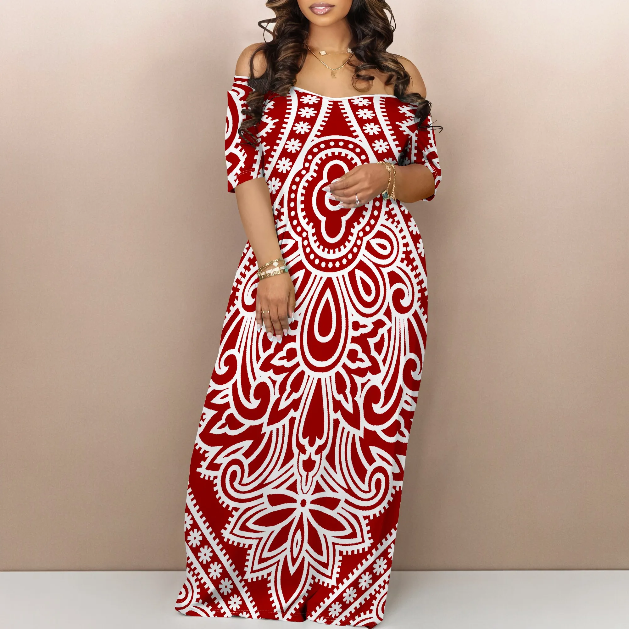 

Nupusa Pattern Print Dress for Women Summer Casual Off - Shoulder Half Sleeve Maxi Dress